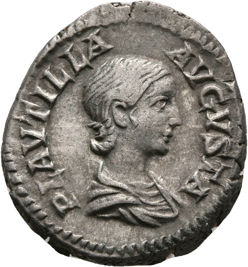 RIC IV Caracalla 367 (denarius) Caracalla obverse, Bust of Plautilla, hair firmly waved and drawn down on neck, draped, right