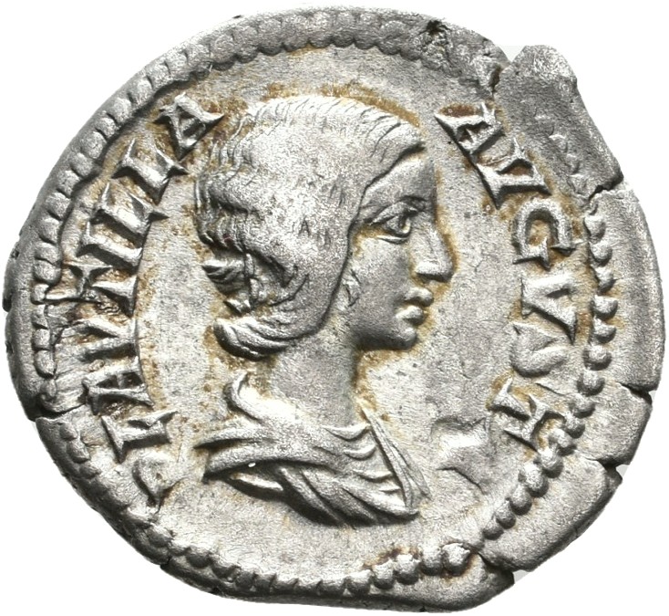 RIC IV Caracalla 367 (denarius) Caracalla obverse, Bust of Plautilla, hair firmly waved and drawn down on neck, draped, right
