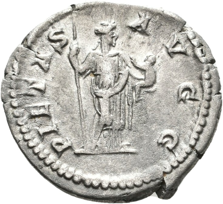RIC IV Caracalla 367 (denarius) Caracalla reverse, Pietas, draped, standing right, holding sceptre in right hand and child...