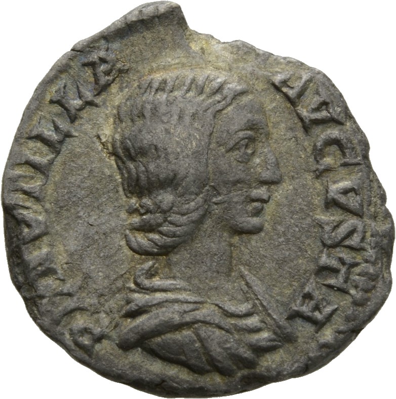 RIC IV Caracalla 369 (denarius) Caracalla obverse, Bust of Plautilla, hair firmly waved and drawn down on neck, draped, right