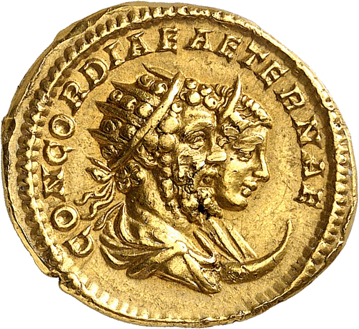 RIC IV Caracalla 36b Caracalla reverse, Jugate busts of Septimius Severus, radiate, draped, cuirassed, and of Julia Domna,...