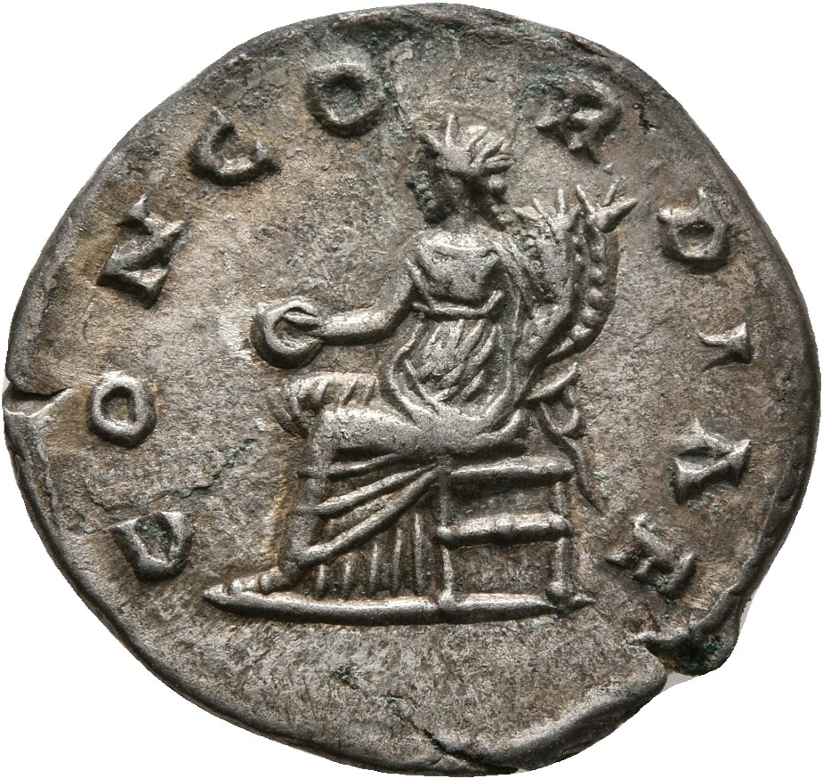 RIC IV Caracalla 372 Caracalla reverse, Concordia, draped, seated left, holding patera in extended right hand and double c...