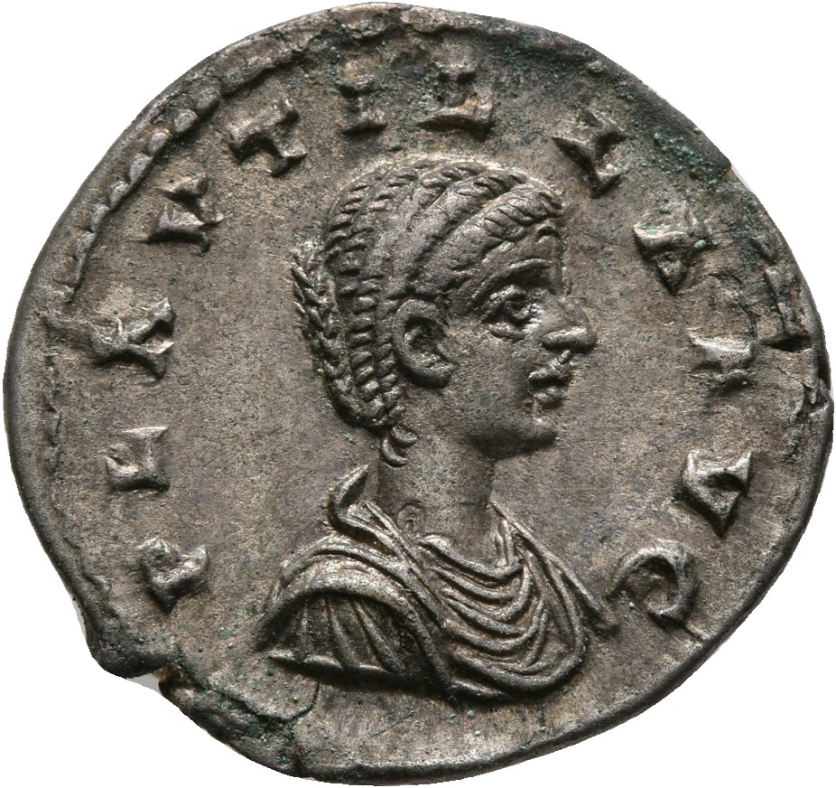 RIC IV Caracalla 372 Caracalla obverse, Bust of Plautilla, hair coiled in ridges, fastened in bun at back, draped, right