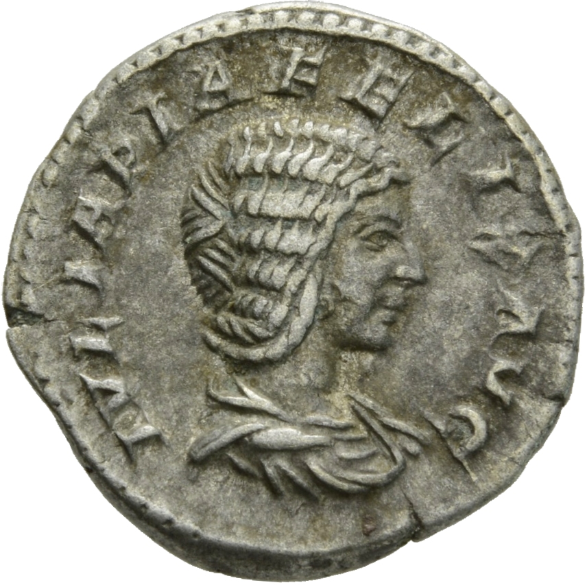 RIC IV Caracalla 373A Caracalla obverse, Bust of Julia Domna, hair elaborately waved in ridges and turned up low at the ba...