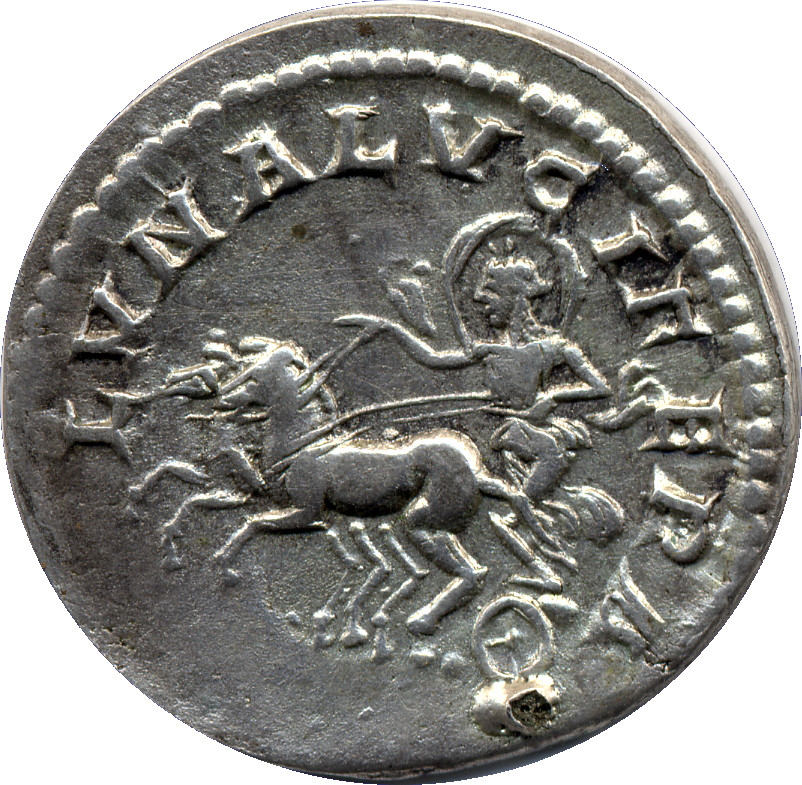 RIC IV Caracalla 379A Caracalla reverse, Luna (Diana?), with crescent on brow, mantle flying behind her, draped, standing ...