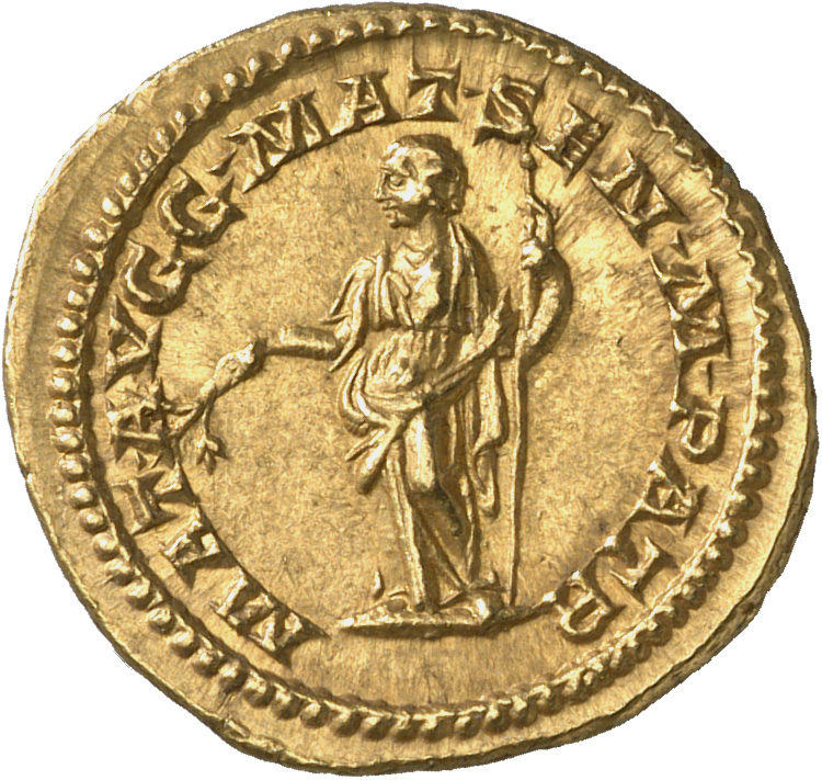 RIC IV Caracalla 380 (aureus) Caracalla reverse, Julia Domna, draped, standing left, holding branch in extended right hand...