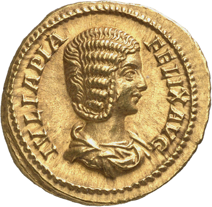 RIC IV Caracalla 380 (aureus) Caracalla obverse, Bust of Julia Domna, hair elaborately waved in ridges and turned up low a...