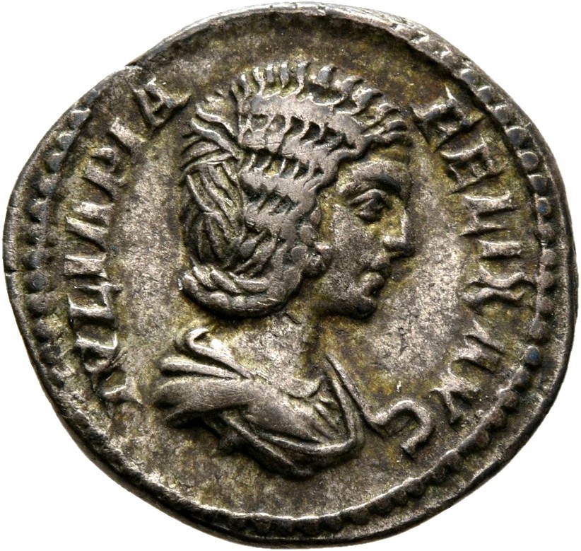 RIC IV Caracalla 380 (denarius) Caracalla obverse, Bust of Julia Domna, hair elaborately waved in ridges and turned up low...