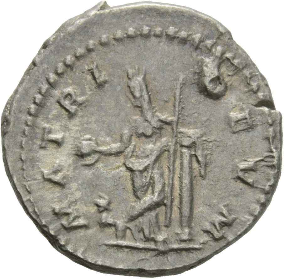 RIC IV Caracalla 382 Caracalla reverse, Cybele, towered, draped, standing front, head left, holding drum in right hand and...