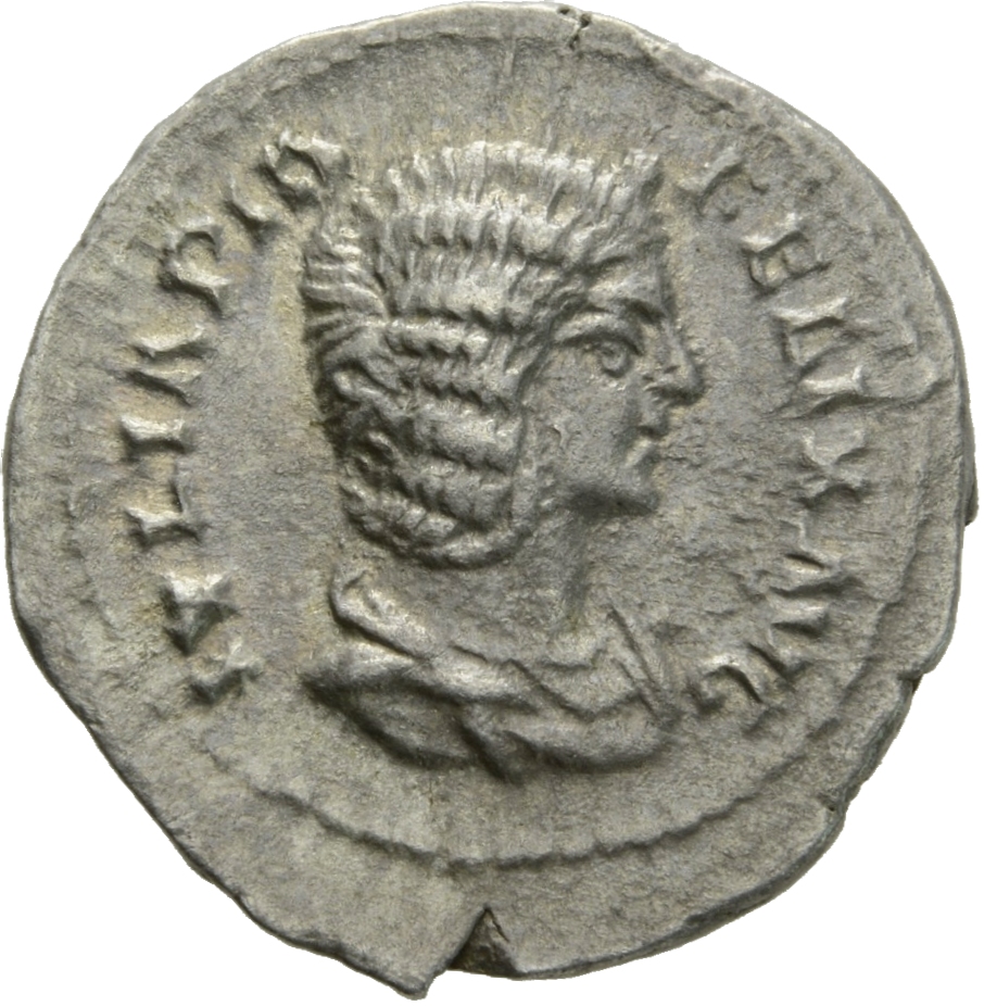 RIC IV Caracalla 382 Caracalla obverse, Bust of Julia Domna, hair elaborately waved in ridges and turned up low at the bac...