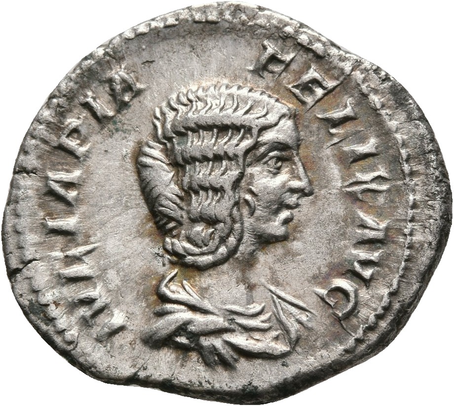 RIC IV Caracalla 385 (denarius) Caracalla obverse, Bust of Julia Domna, hair elaborately waved in ridges and turned up low...