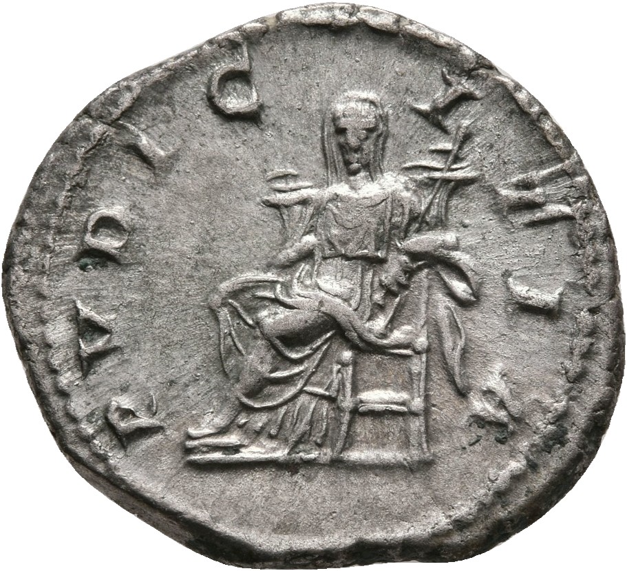 RIC IV Caracalla 385 (denarius) Caracalla reverse, Pudicitia, veiled, draped, seated left, facing front, resting right han...