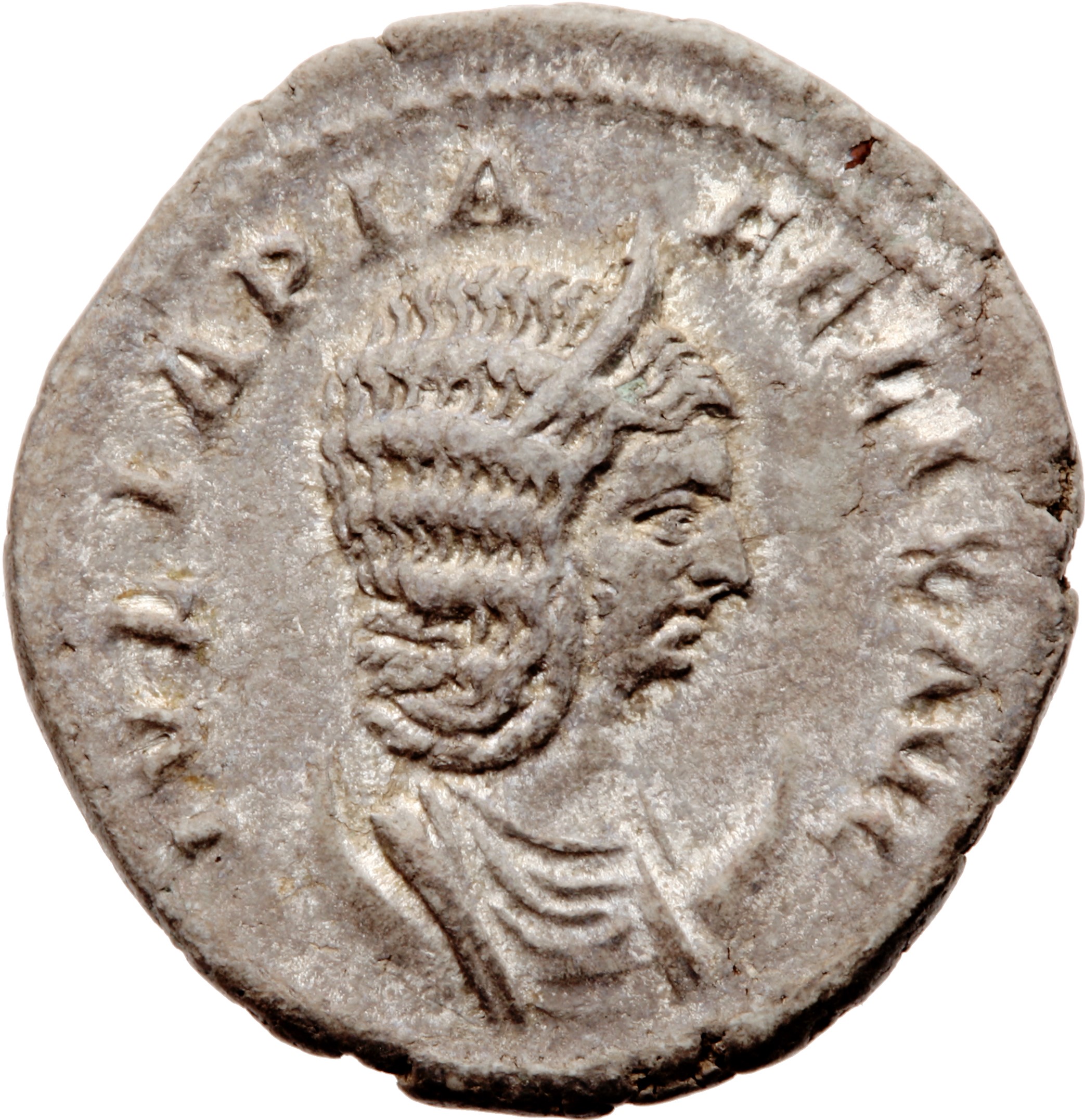 RIC IV Caracalla 388A (antoninianus) Caracalla obverse — Bust of Julia Domna, hair elaborately waved in ridges and turned ...