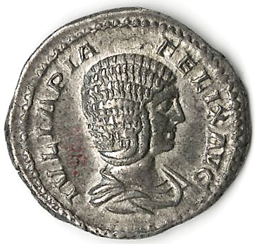 RIC IV Caracalla 388C (denarius) Caracalla obverse, Bust of Julia Domna, hair elaborately waved in ridges and turned up lo...