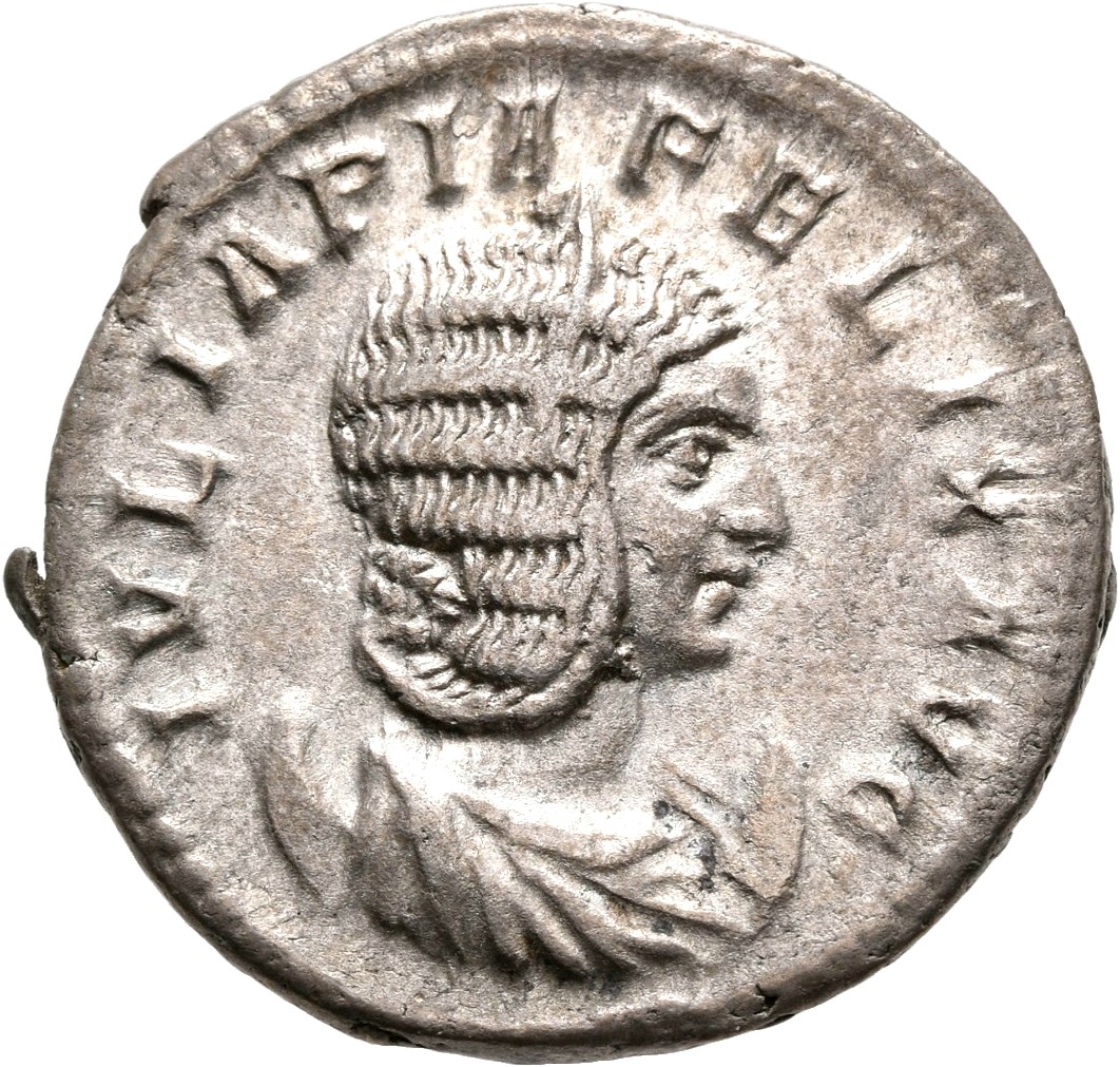 RIC IV Caracalla 389A (antoninianus) Caracalla obverse, Bust of Julia Domna, hair elaborately waved in ridges and turned u...
