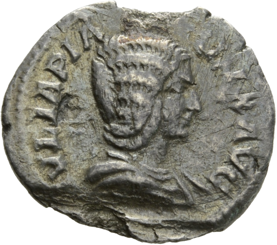 RIC IV Caracalla 390 Caracalla obverse, Bust of Julia Domna, hair elaborately waved in ridges and turned up low at the bac...