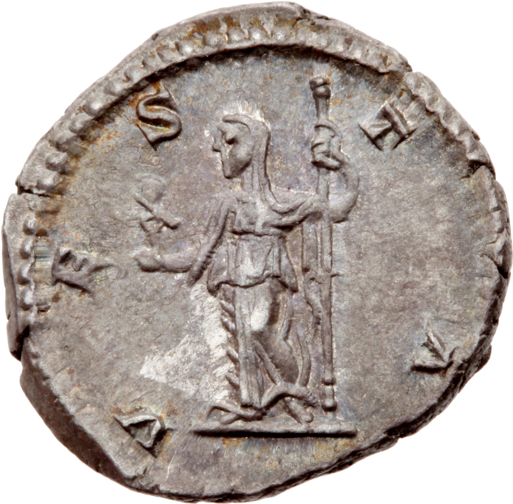 RIC IV Caracalla 390 Caracalla reverse, Vesta, draped, standing left, holding palladium in right hand and sceptre in left ...