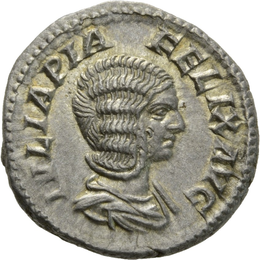 RIC IV Caracalla 391 Caracalla obverse, Bust of Julia Domna, hair elaborately waved in ridges and turned up low at the bac...