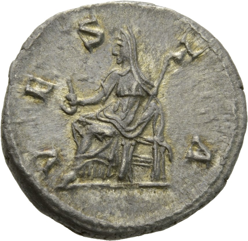 RIC IV Caracalla 391 Caracalla reverse, Vesta, draped, seated left, holding simpulum in right hand and sceptre in left hand