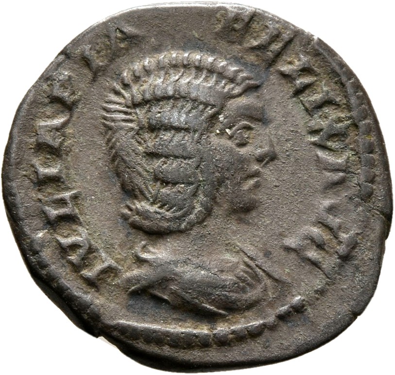 RIC IV Caracalla 391 Caracalla obverse, Bust of Julia Domna, hair elaborately waved in ridges and turned up low at the bac...