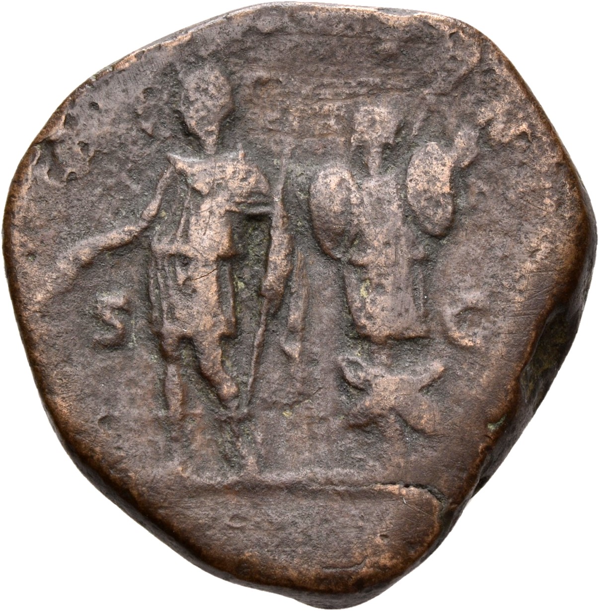 RIC IV Caracalla 398A Caracalla reverse, Caracalla, in military attire, standing left, holding baton in right hand and spe...