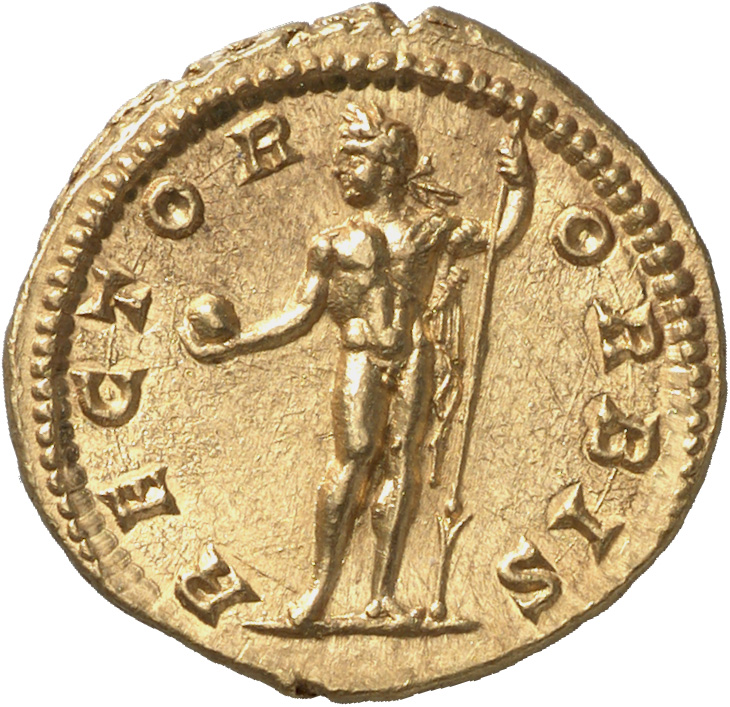 RIC IV Caracalla 39B Caracalla reverse, Sol, radiate, naked except for cloak over left shoulder, standing front, head left...