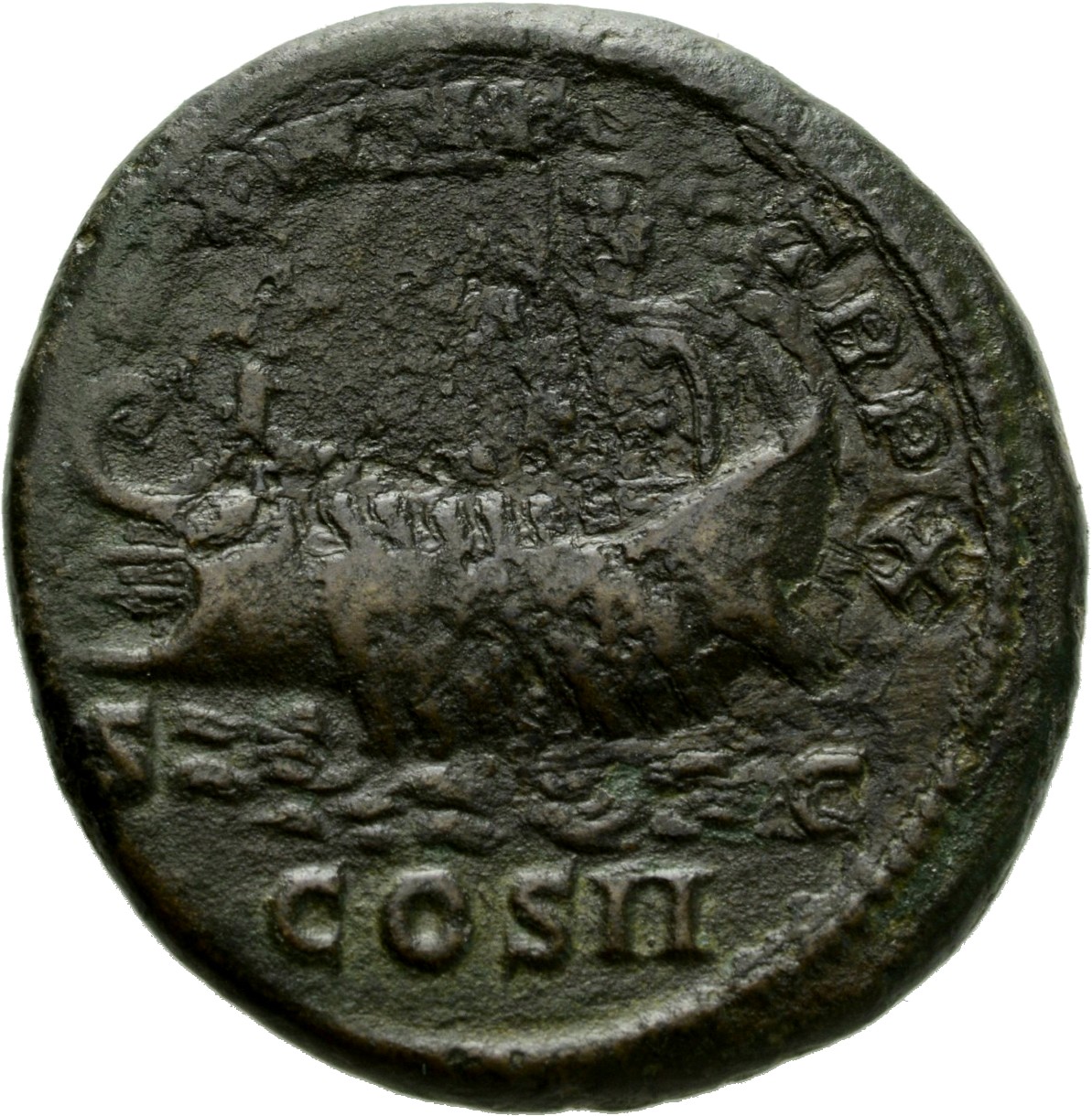 RIC IV Caracalla 429c Caracalla reverse, Galley, with rowers, pilot and captain, left