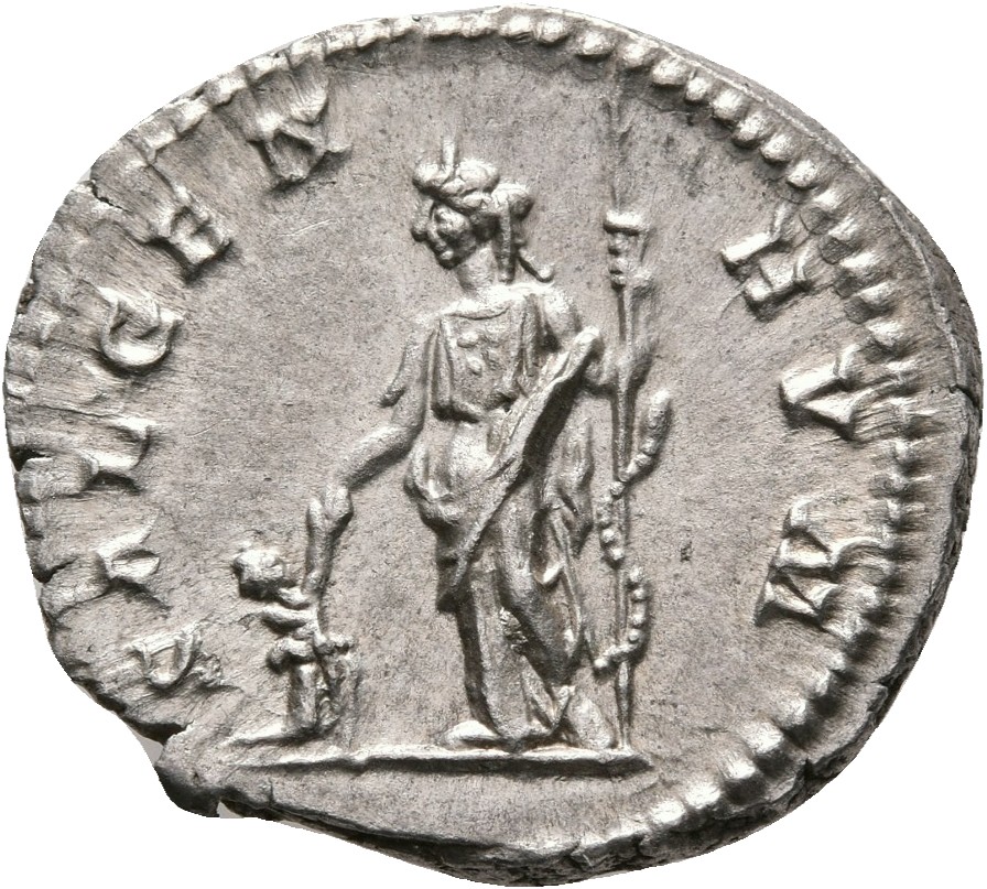 RIC IV Caracalla 42C Caracalla reverse, Salus, draped, standing left, raising with right hand kneeling figure and holding ...