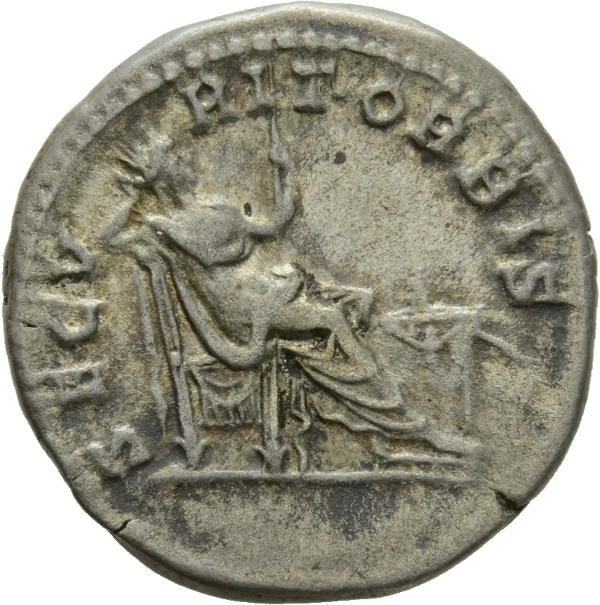 RIC IV Caracalla 43 Caracalla reverse, Securitas, draped, seated right on low seat, propping head on right hand and holdin...