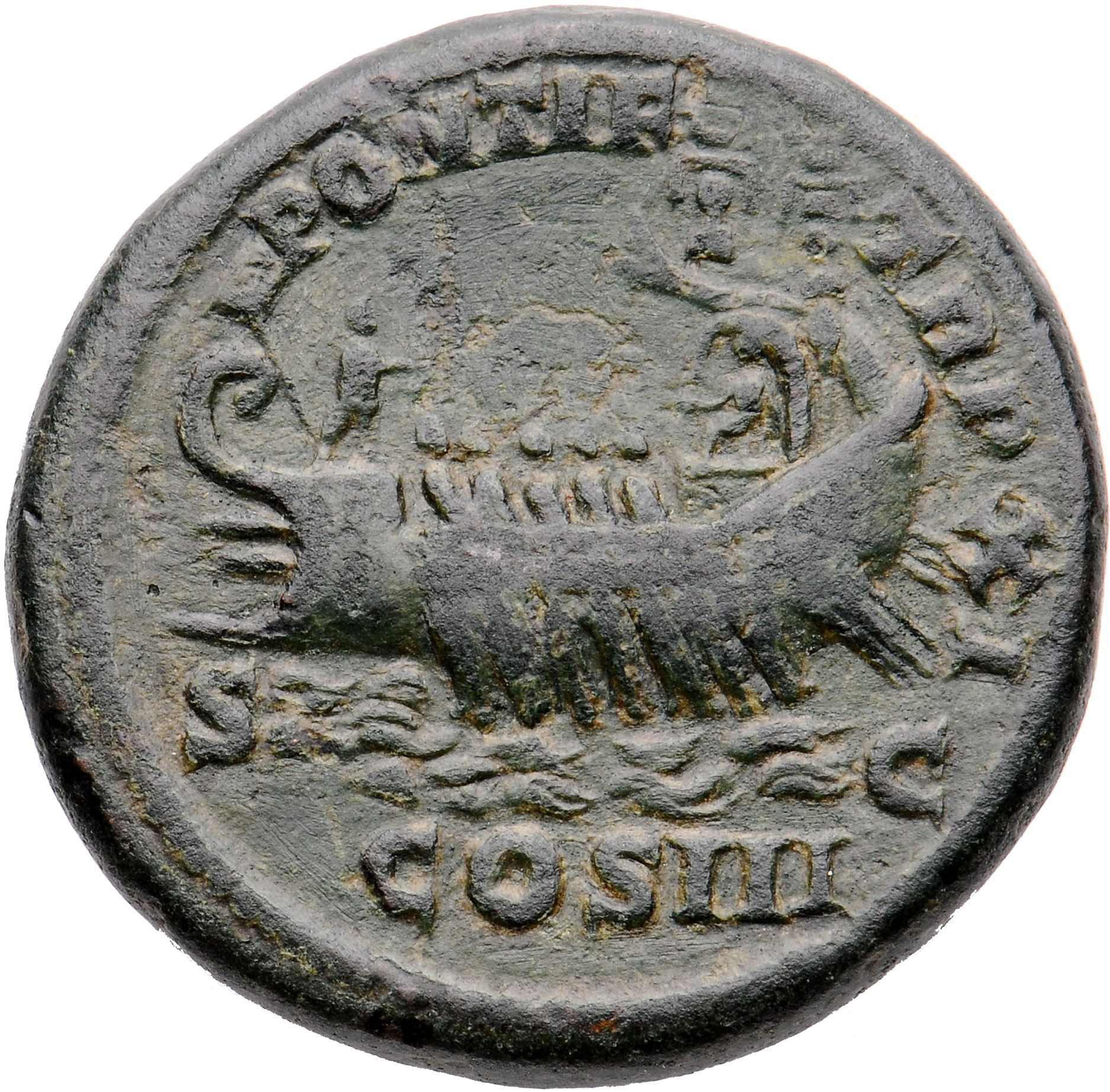 RIC IV Caracalla 437C Caracalla reverse, Galley, with rowers, pilot and captain, left