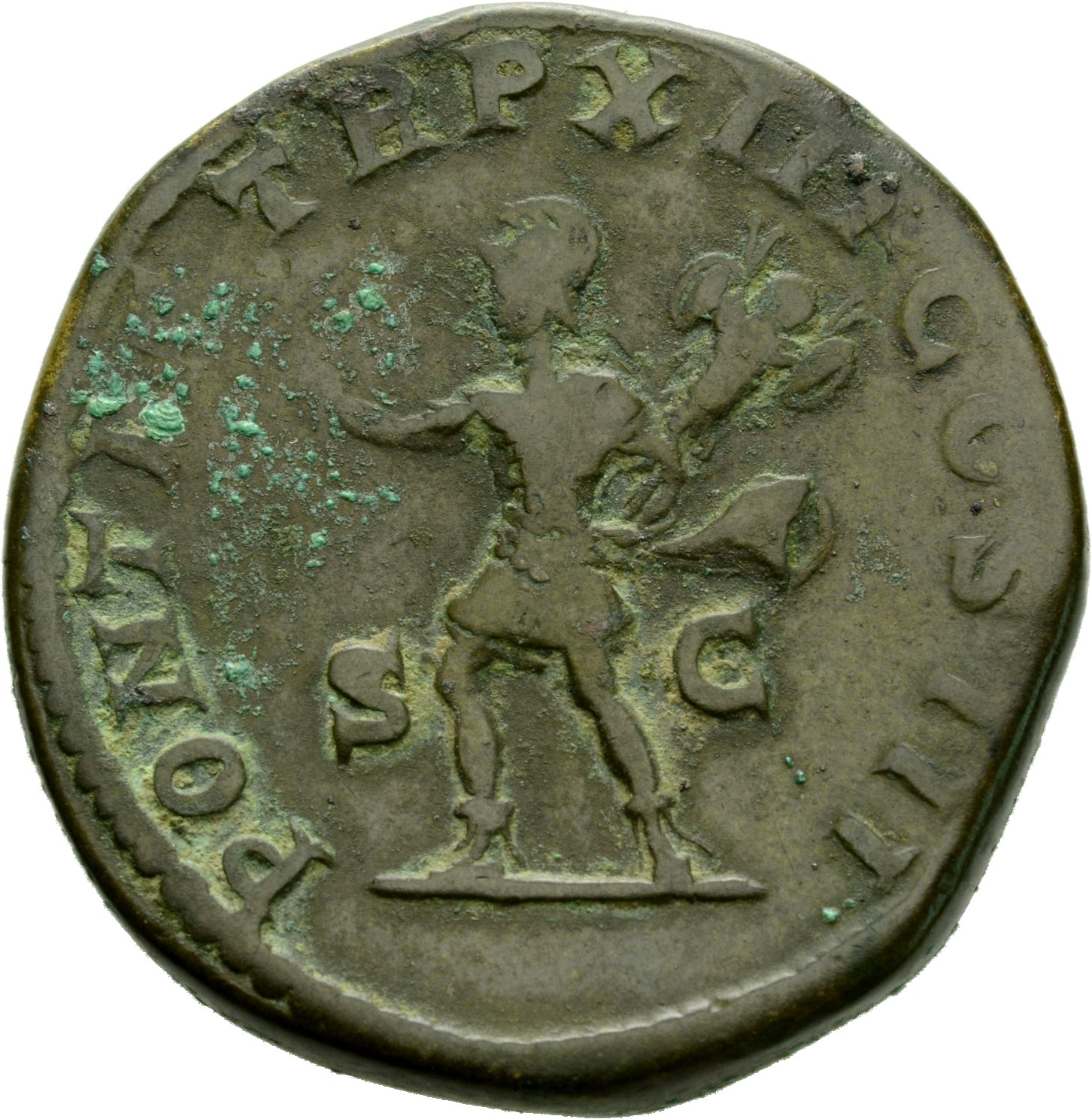 RIC IV Caracalla 450B Caracalla reverse, Mars, helmeted, advancing left, holding branch in right hand and trophy in left hand