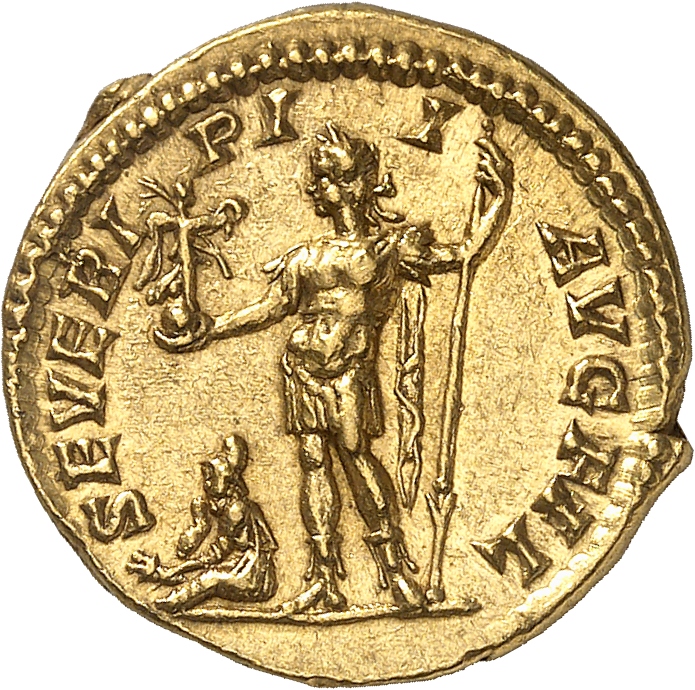 RIC IV Caracalla 45 (aureus) Caracalla reverse, Caracalla, in military attire, standing left, holding Victory on globe in ...