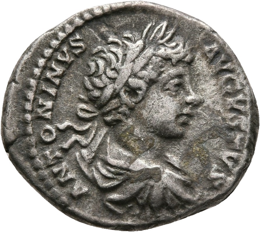 RIC IV Caracalla 45 (denarius) Caracalla obverse, Bust of Caracalla, laureate, draped, cuirassed, right