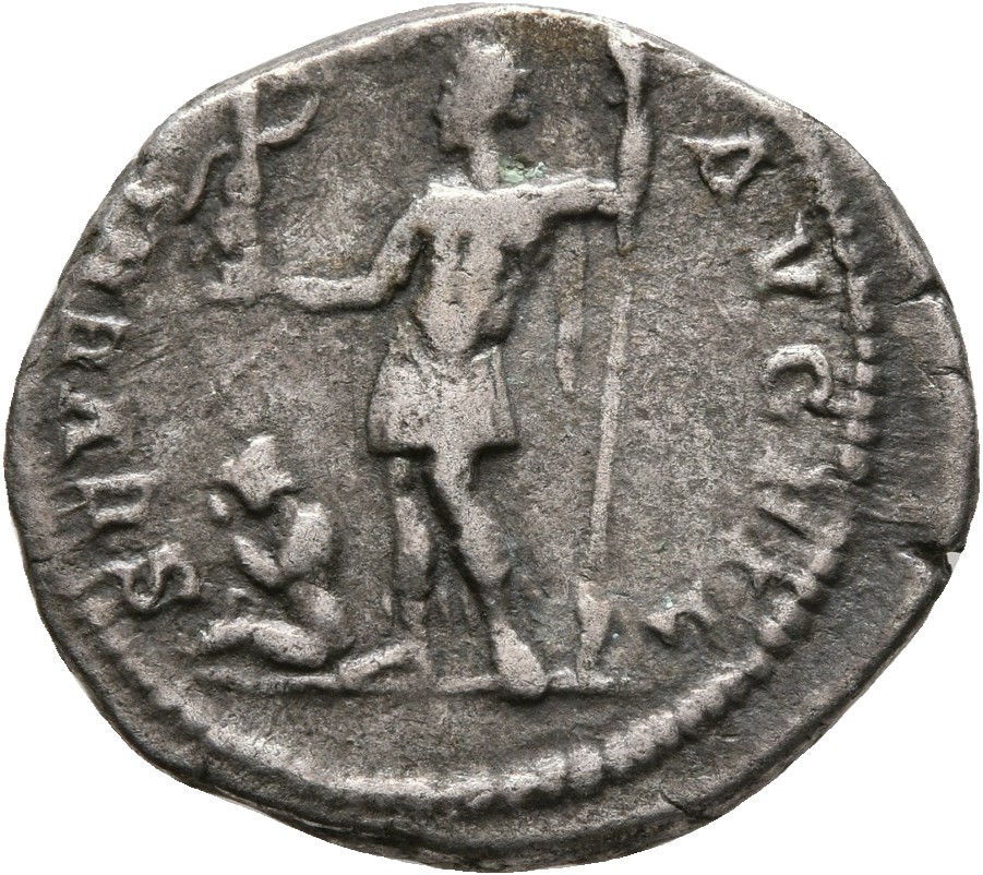 RIC IV Caracalla 45 (denarius) Caracalla reverse, Caracalla, in military attire, standing left, holding Victory on globe i...