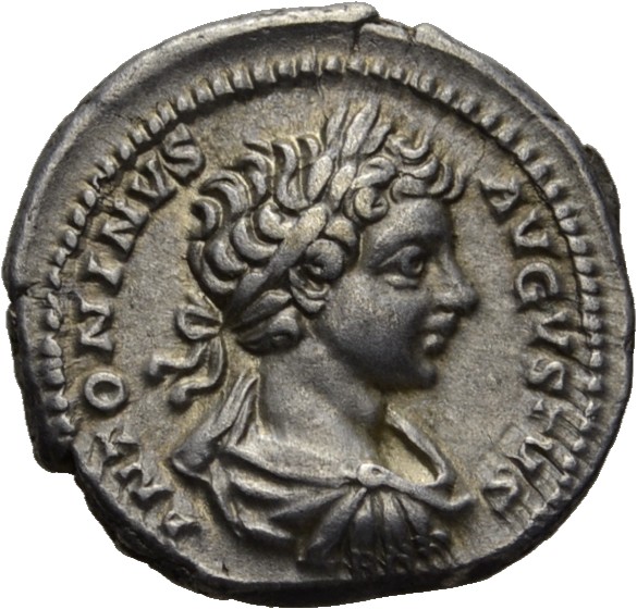 RIC IV Caracalla 45 (denarius) Caracalla obverse, Bust of Caracalla, laureate, draped, cuirassed, right