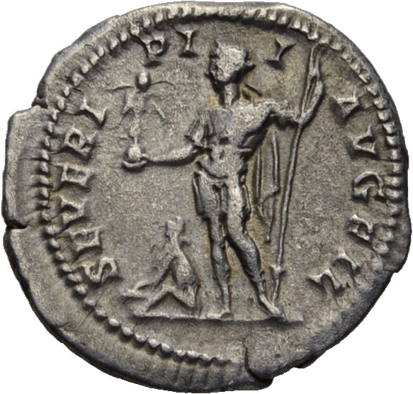 RIC IV Caracalla 45 (denarius) Caracalla reverse, Caracalla, in military attire, standing left, holding Victory on globe i...