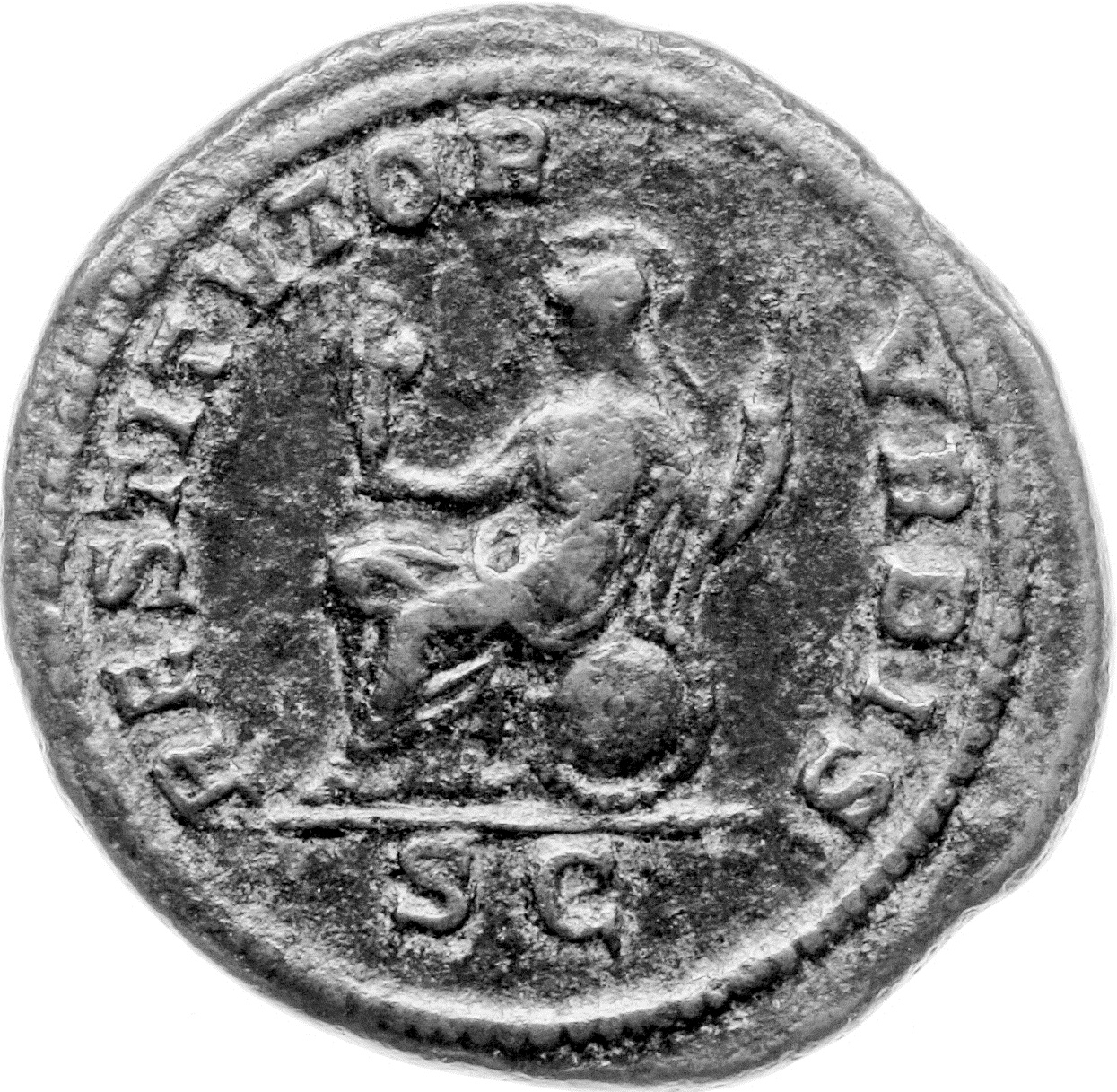 RIC IV Caracalla 475 Caracalla reverse, Roma, helmeted, draped, seated left, holding Victory in extended right hand and sp...