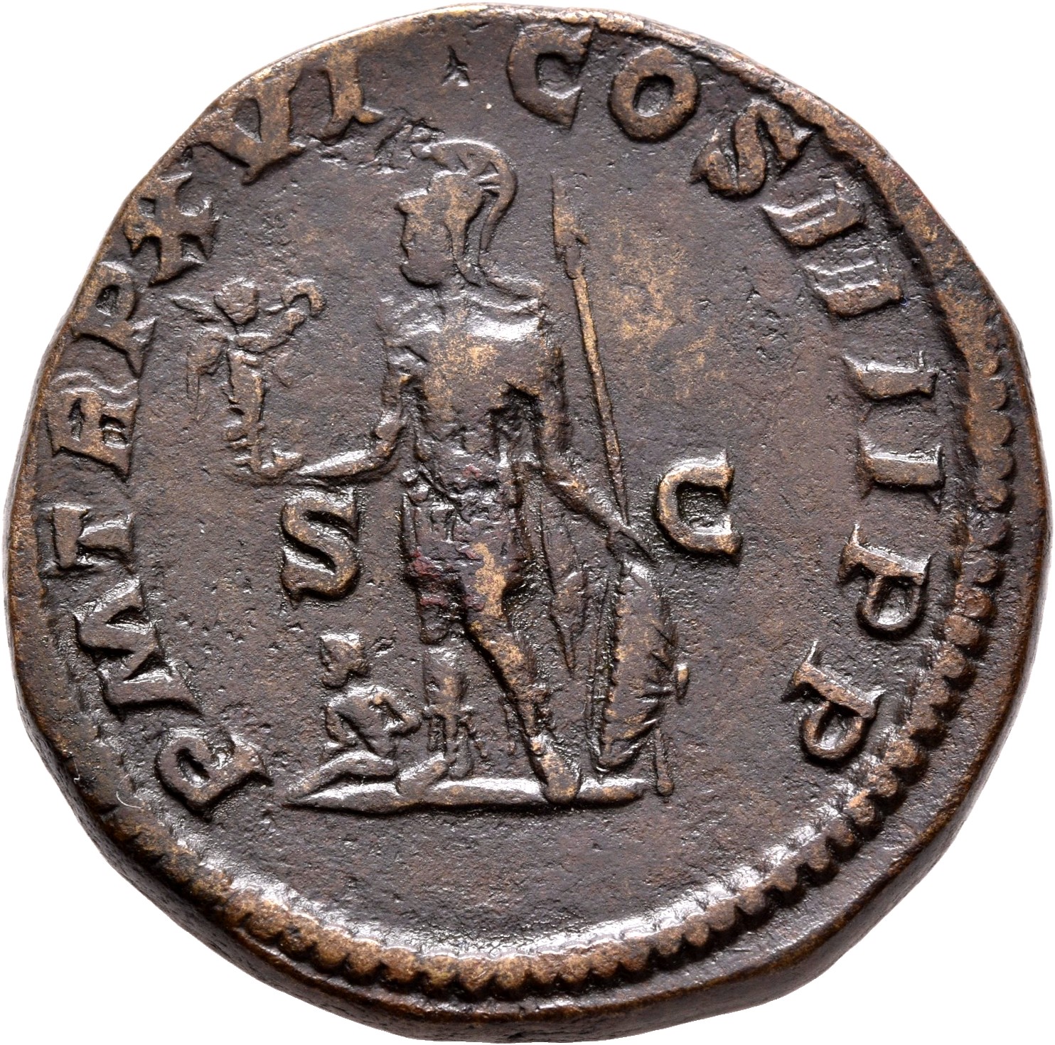 RIC IV Caracalla 496B Caracalla reverse, Mars, helmeted, standing left, holding Victory in extended right hand and resting...