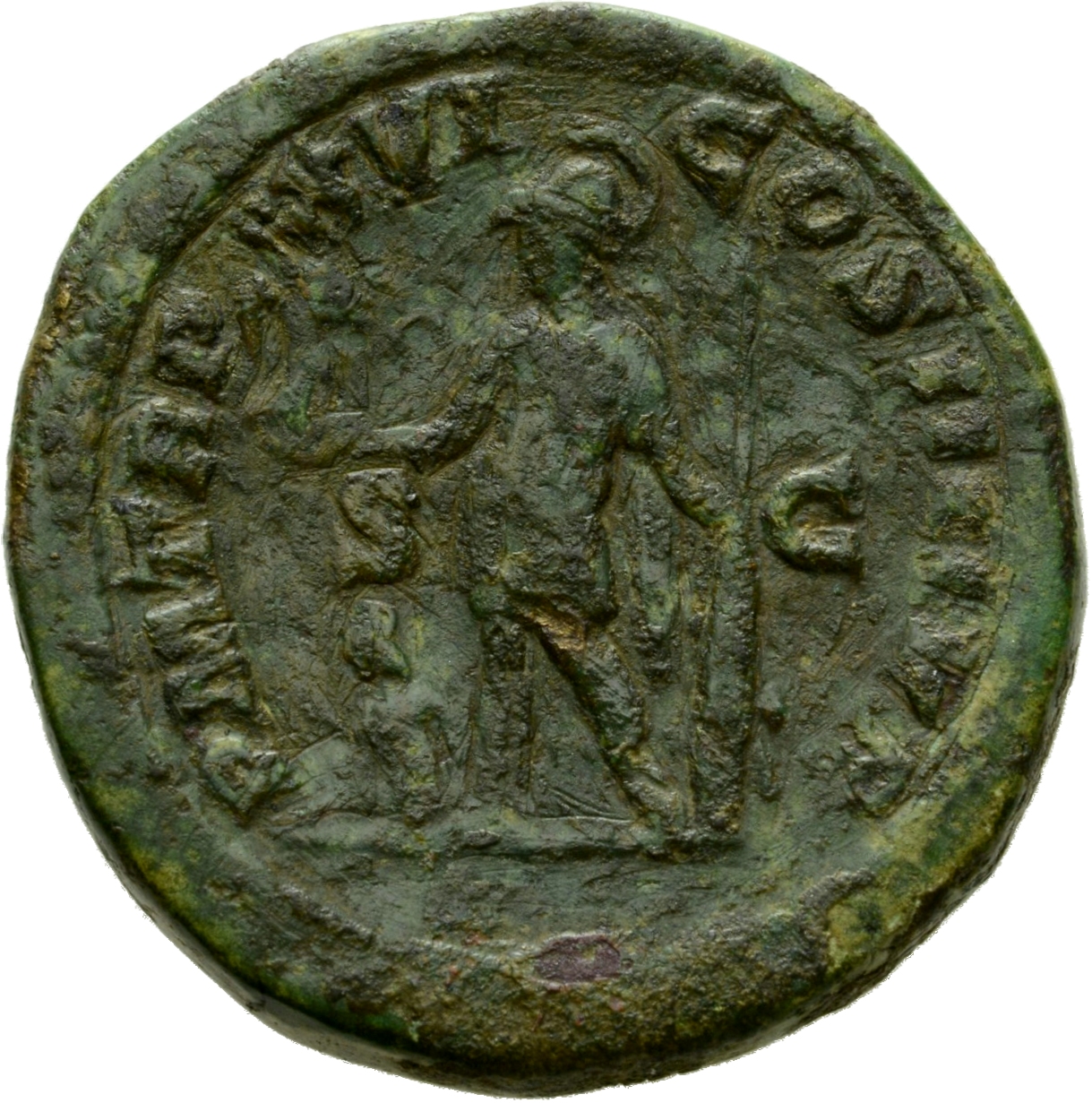 RIC IV Caracalla 501 Caracalla reverse, Mars, helmeted, standing left, holding Victory in extended right hand and resting ...