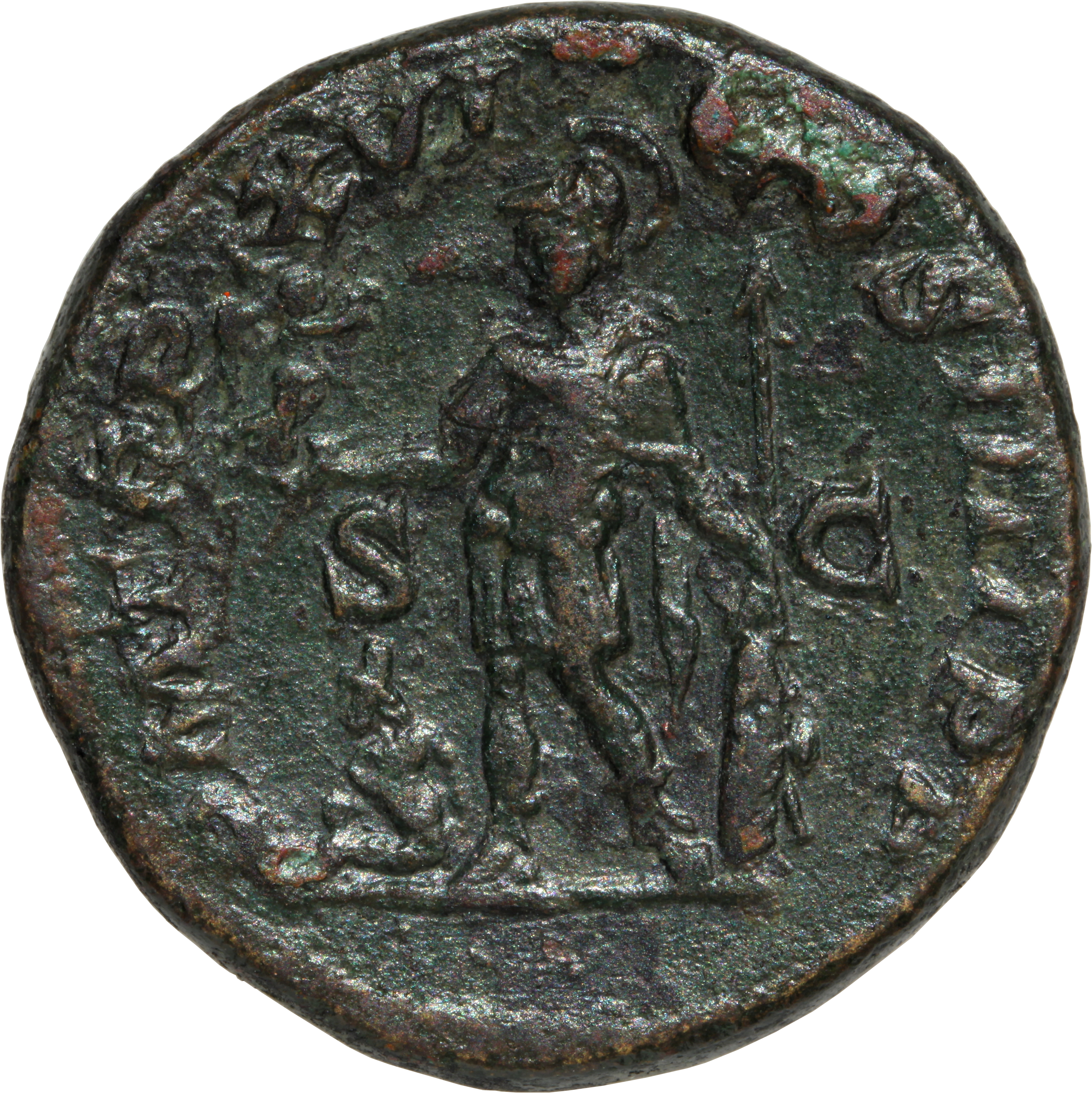RIC IV Caracalla 501 Caracalla reverse, Mars, helmeted, standing left, holding Victory in extended right hand and resting ...