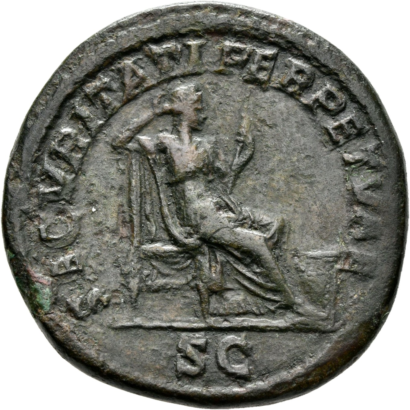 RIC IV Caracalla 512A Caracalla reverse, Securitas, draped, seated right on low seat, propping head on right hand and hold...