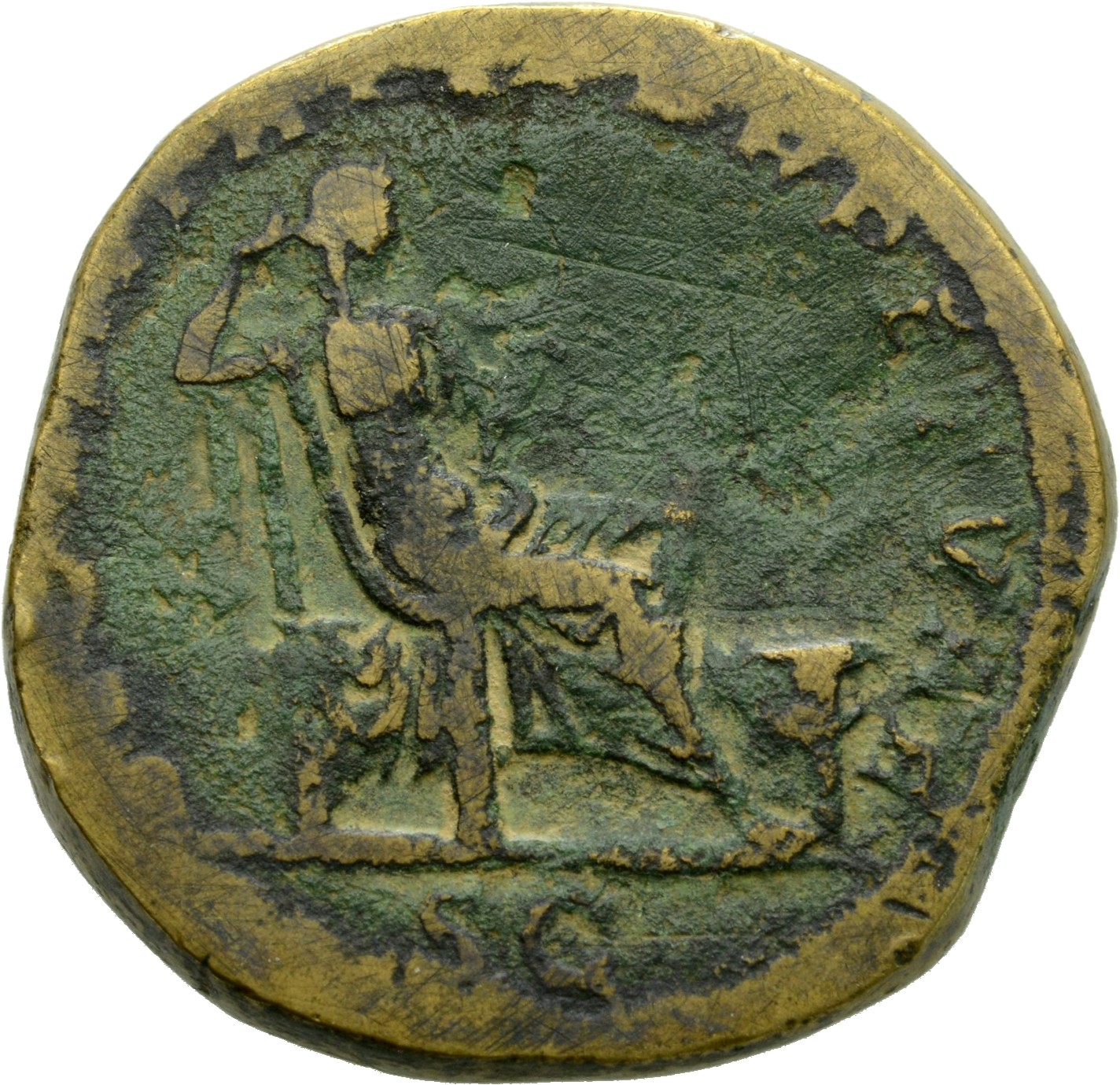 RIC IV Caracalla 512D Caracalla reverse, Securitas, draped, seated right on low seat, propping head on right hand and hold...