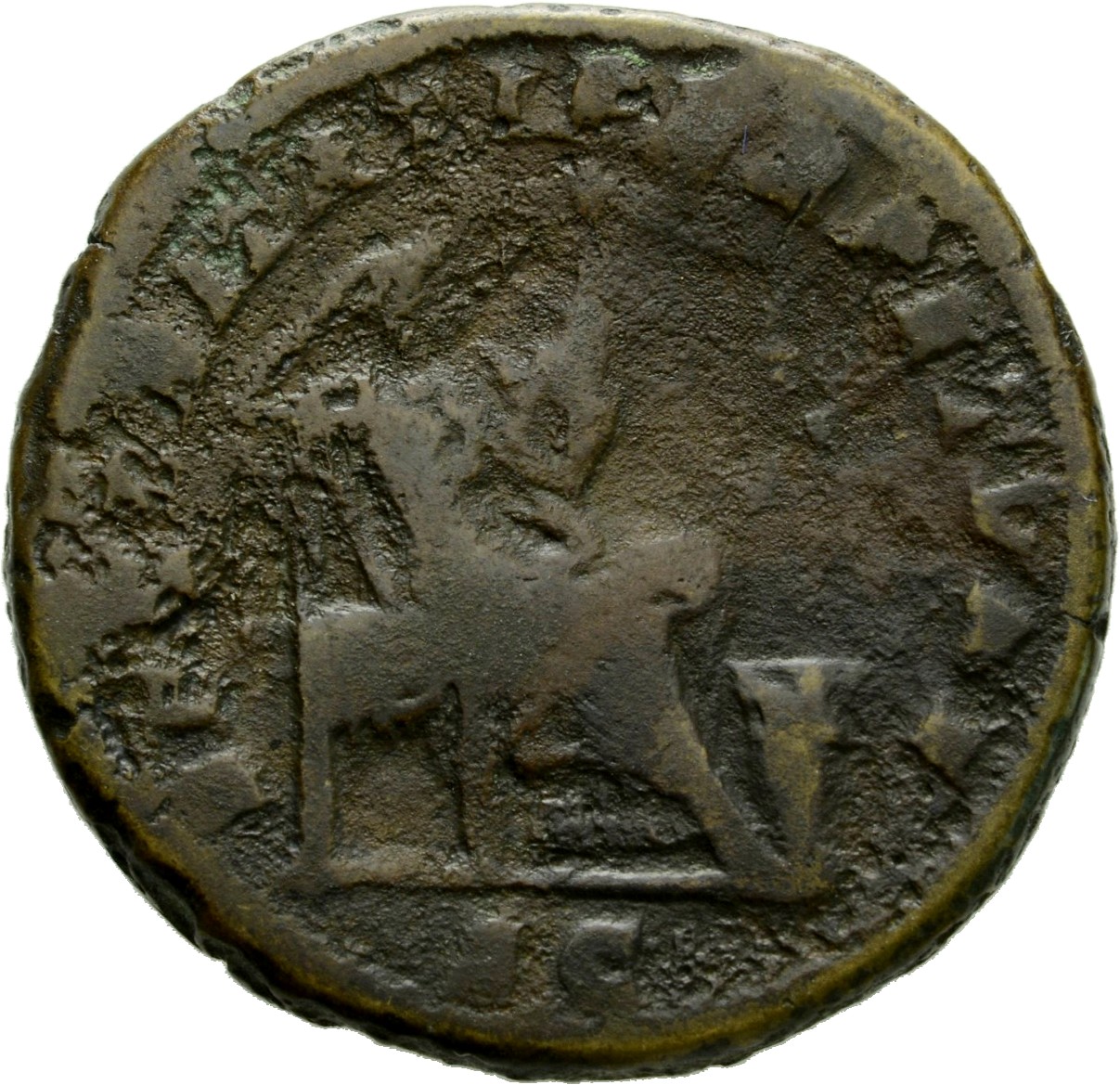 RIC IV Caracalla 515 Caracalla reverse, Securitas, draped, seated right on low seat, propping head on right hand and holdi...