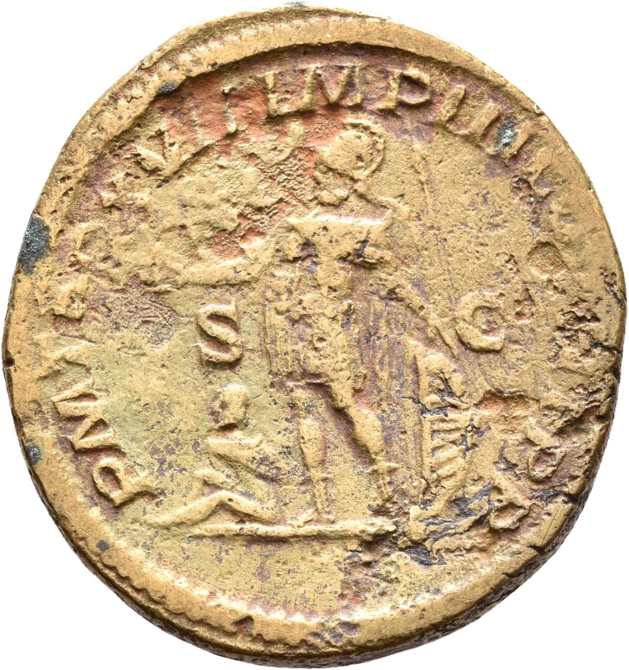 RIC IV Caracalla 524A Caracalla reverse, Mars, helmeted, standing left, holding Victory in extended right hand and resting...