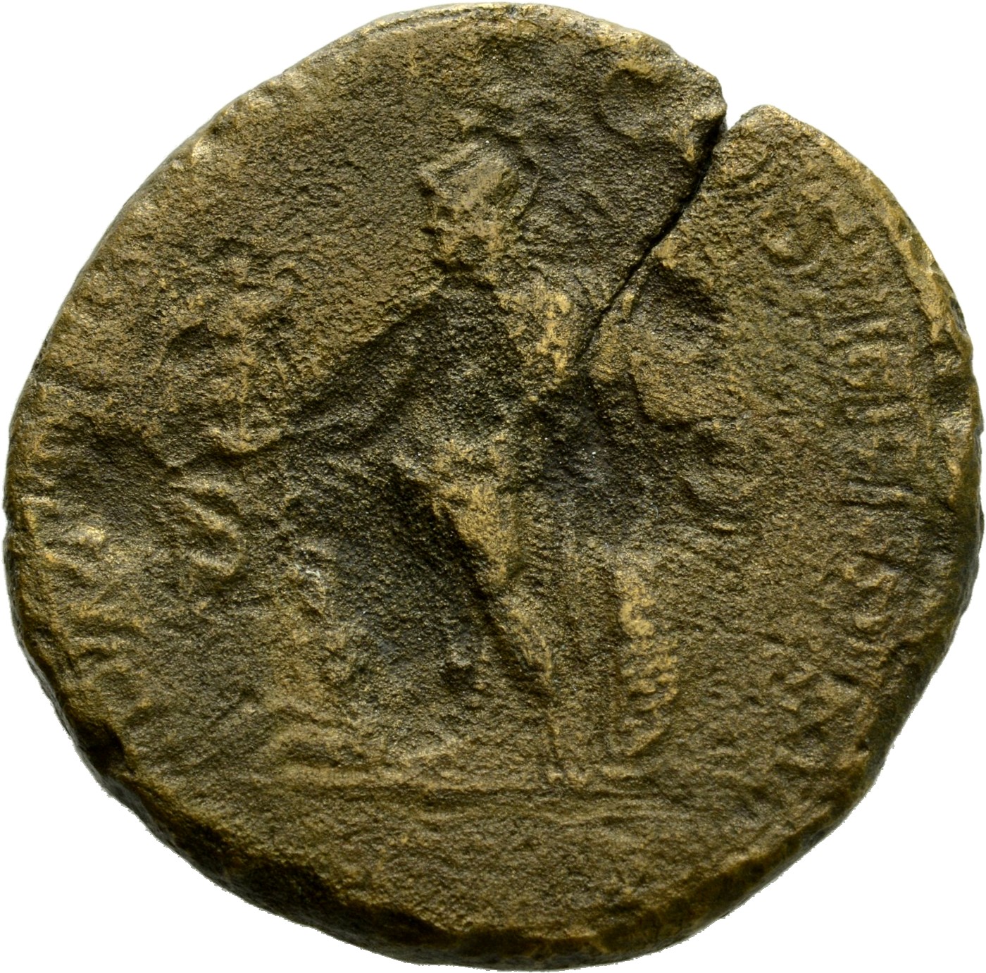 RIC IV Caracalla 524C Caracalla reverse, Mars, helmeted, standing left, holding Victory in extended right hand and resting...