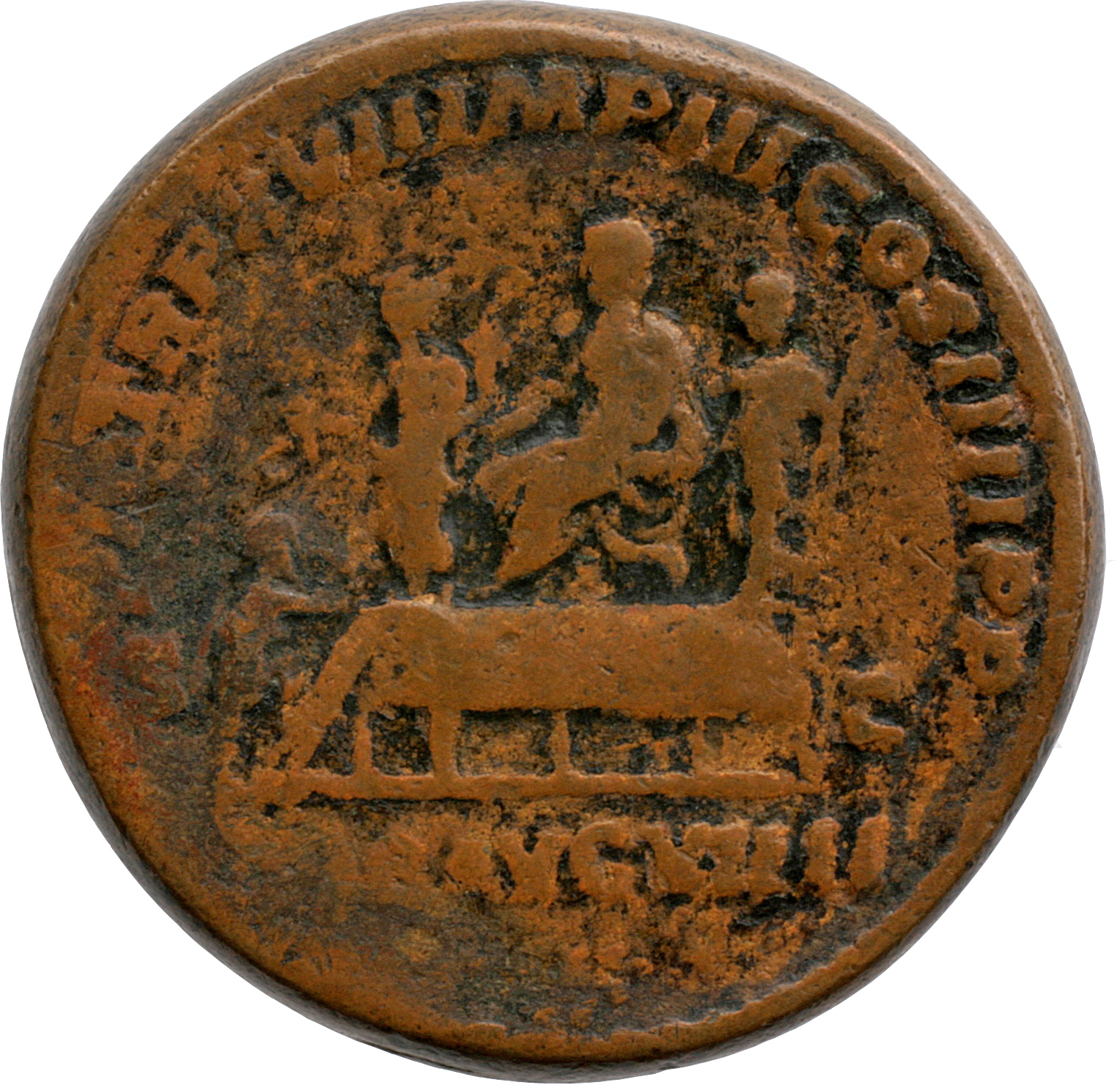 RIC IV Caracalla 527 Caracalla reverse, Caracalla, accompanied by officer, seated left on platform; in front Liberalitas, ...