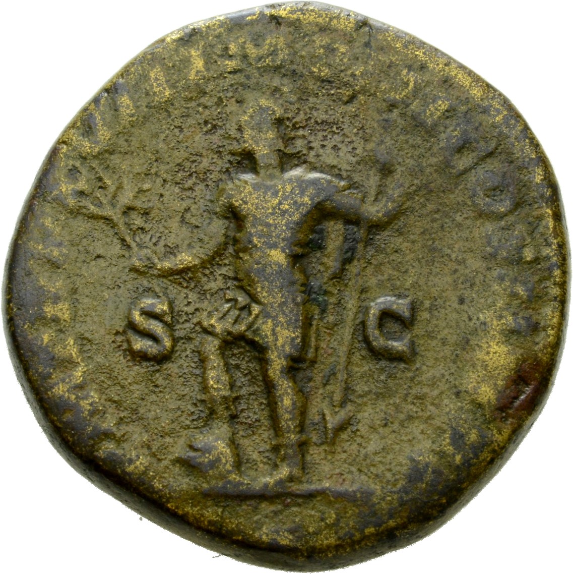 RIC IV Caracalla 529 Caracalla reverse, Mars, helmeted, standing left, foot on helmet, holding branch in right hand and sp...