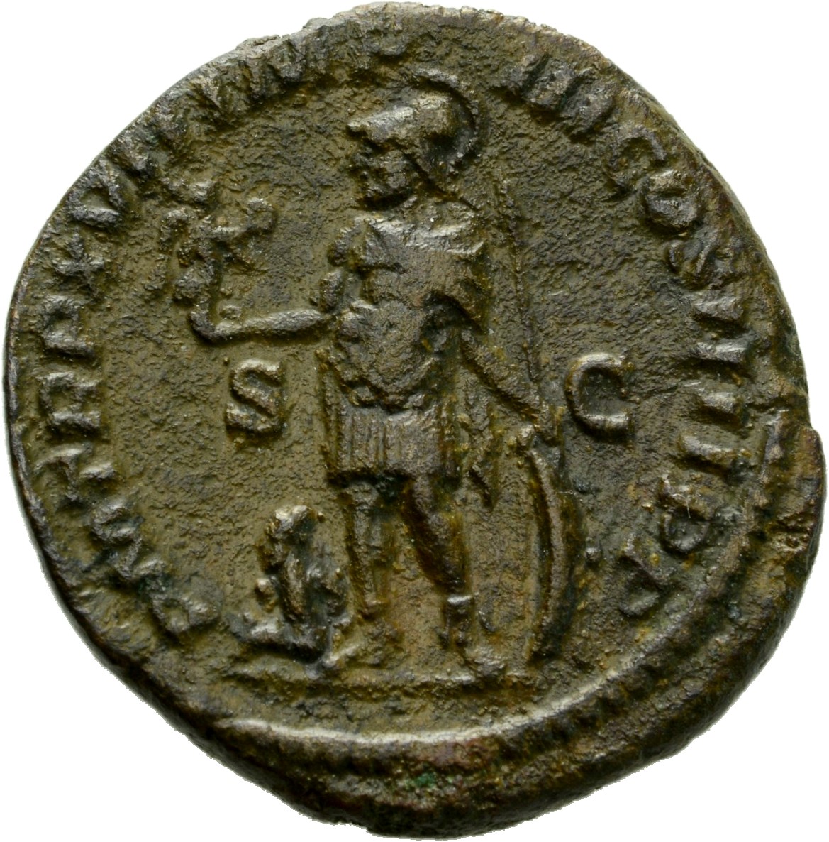RIC IV Caracalla 531A Caracalla reverse, Mars, helmeted, standing left, holding Victory in extended right hand and resting...