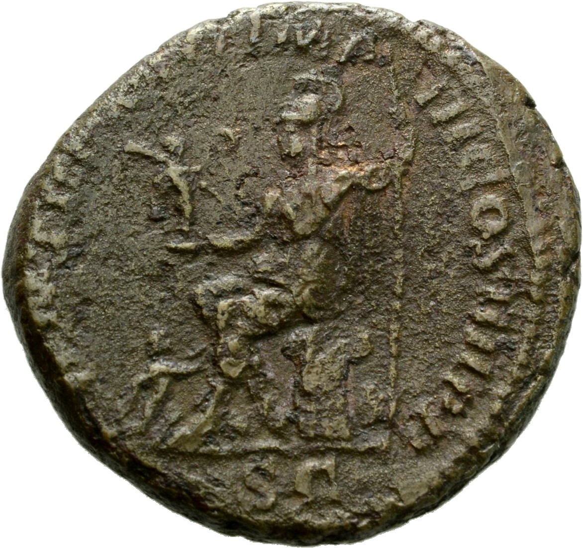 RIC IV Caracalla 533 Caracalla reverse, Roma, helmeted, draped, seated left on cuirass and shields, holding Victory in ext...