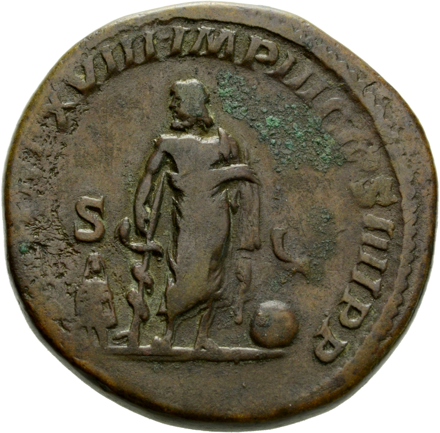 RIC IV Caracalla 538A Caracalla reverse, Asclepius, nude to waist, standing front, head left, holding serpent-wreathed wan...